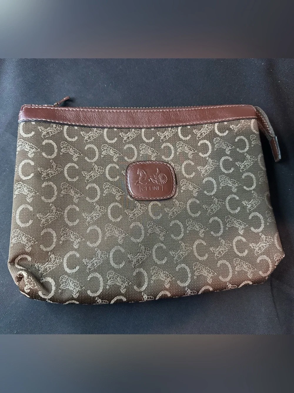 Authentic CELINE Paris C Horse Carriage Monogram Clutch Bag Brown Pouch Vintage